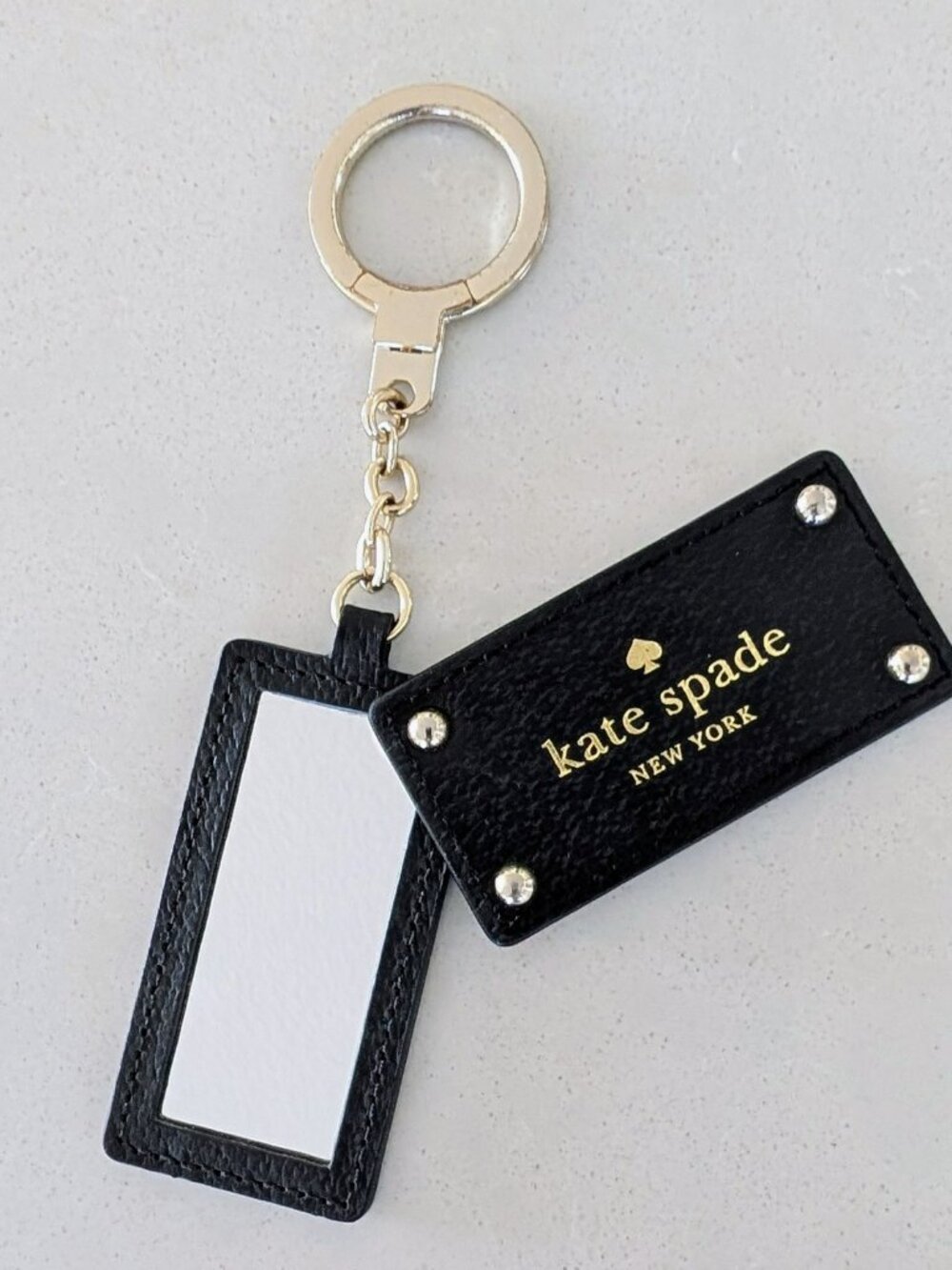 Kate Spade Grove Street Black Pebbled Leather Mirror Keychain Charm Gold Tone